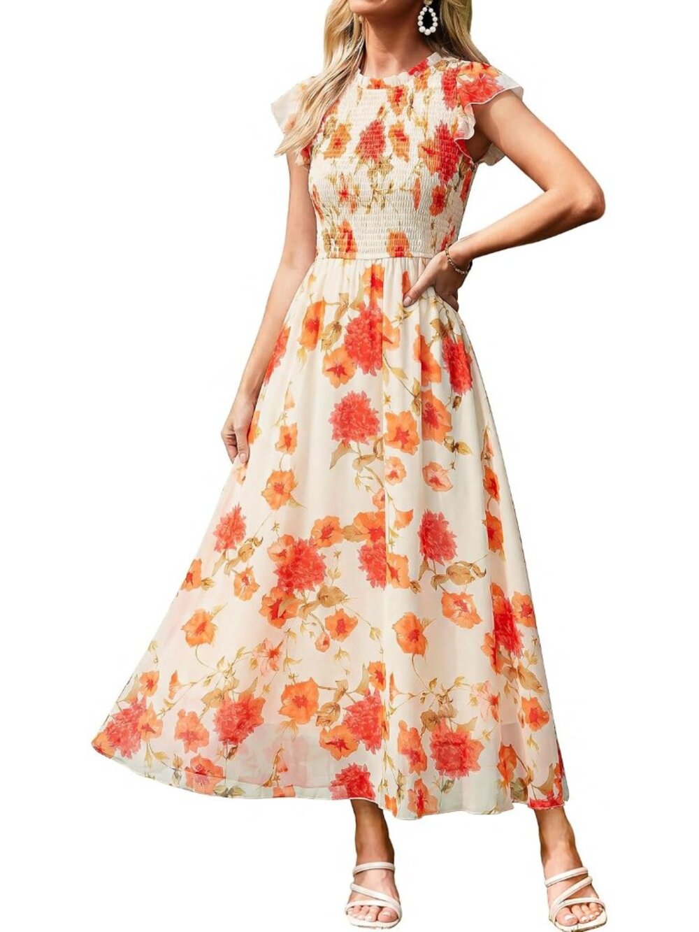 Women's White Orange Floral Ruffle Sleeve Chiffon Flowy Smocked Waist Maxi Dress